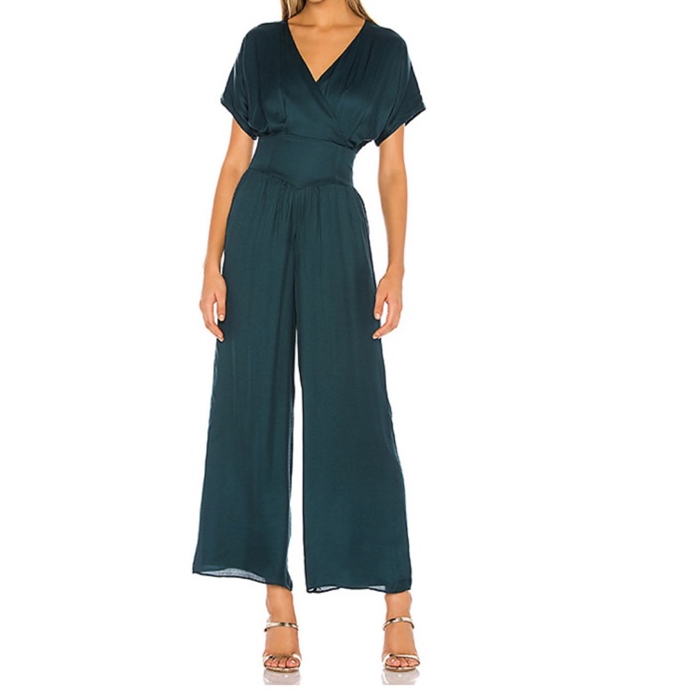 Tularosa Wicked Green Whitley Wide Leg Open Back Jumpsuit in Emerald Green XS